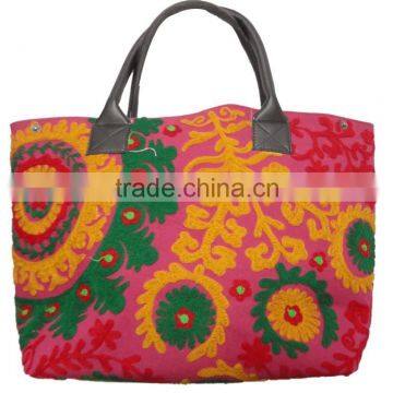 RTHHB-2 Canvas Uzbekistan Suzani Embroidery semi leather handle tote shopping bags traditional embroidery Manufacturers