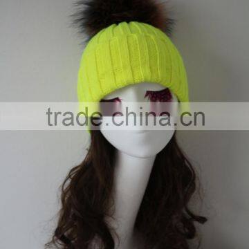 New Arrival Multicolor Raccoon Fur Ball Kniited Wool Cap Colorful Fur Pompom Knit Rib Acrylic Hat