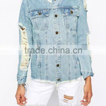 New fashion ripped denim jacket light blue lot rips jeans jackets for women