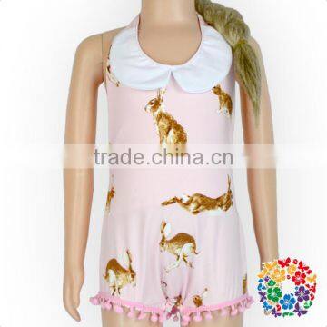 2017 Easter Day Girls Halter Rompers Rabbits Print Romper With Neck Ruffle Stylish Baby Girl Romper