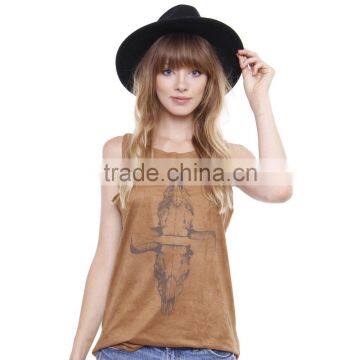 Junior's Western Cow Skull Print Faux Suede Top Loose Blouse