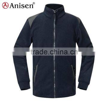 oem service windproof zipper-up long sleeves dark blue plain polar fleece men' coat