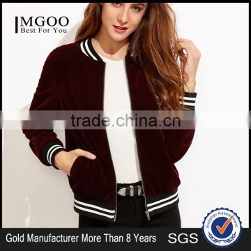 MGOO Women Burgundy Velvet Bomber Jacket With Striped Trim Plain Baseball Jacket Zipper Closure