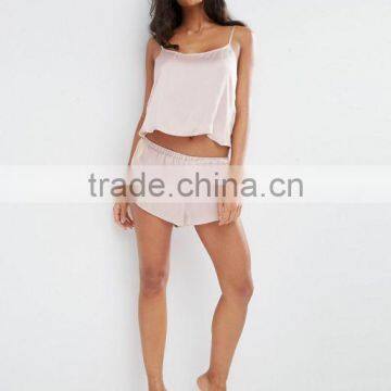 Hot Sale Fashion Pajamas Strap Crop Tops Custom Chiffon Side Satin Cami & Short Pyjama Set photo-5