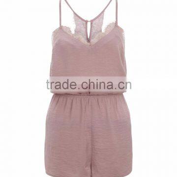 Women Casual Fit Satin Pajamas Set With Elasticated Waist Pink Sateen Lace Trim Playsuit V Neck photo-4