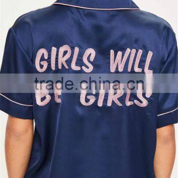 MGOO 2017 New Arrival Custom Satin Silk Pyjamas Logo Embroidered Back Long Sleeves Sleepwear Sets Ladies photo-6