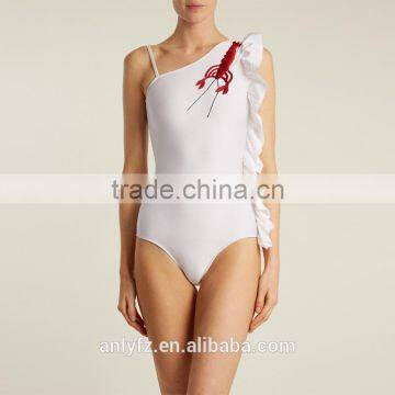China Factory Wholesale Embroidered Asymmetric Ruffle One Piece Swimsuit Women photo-2