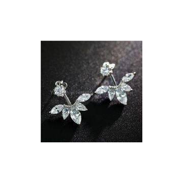 Gold Plated Brass Front Back 2 In 1 Fashion Lady Zircon Leaf Ear Jacket Earrings Back Ear Cuffs Stud Earring