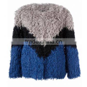 YR1030 New Style Ladies' Real Curly kalgan Lamb Fur Jacket Patchwork Contrast Color Fur Coat