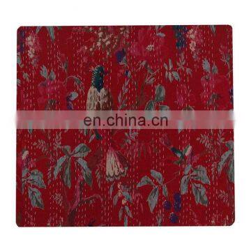 Queen Size Bird Design Kantha Bedspread Quilt