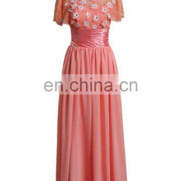 New Arrival A-line Short Sleeves 2016 Scoop Lace Hande Made Flowers Evening Gowns Long Plus Size Prom Dress Vestido Longo