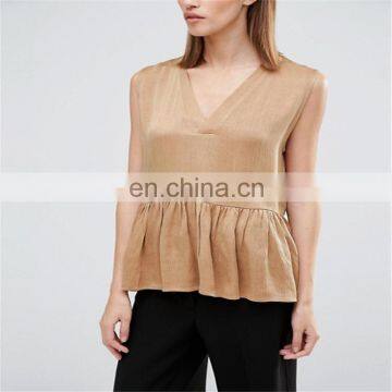 V Neck Yellow Girl Sleeveless Pleated Clothes Women t Shirt Wholesale China Woman Blouse photo-3