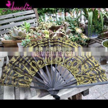 Lolita Style Black With Metallic Gold Lace Battenburg Lace Fan Wedding Accessories Party Favors Gifts photo-3