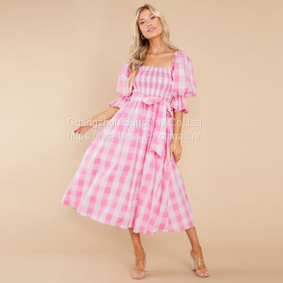 Summer slim one-neck off-the-shoulder plaid print beach dress