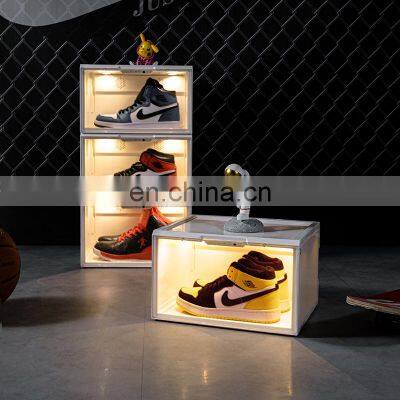 Mgnetic acrylic shoe organizer transparent sneaker box plastic transparent custom printed voice control led shoe box with logo