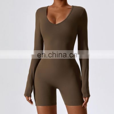 2023 Women Yoga Workout Bodysuits Gym Long Sleeve Sexy Fitness V Neck Fashion One Piece High Quality Breathable Jumpsuit