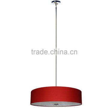 5 light chandelier(Lustre/La arana) in satin steel finish with round silk look 30" chili pepper red fabric shade