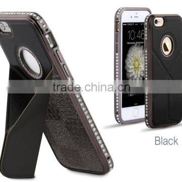 Luxury Plaid Pattern Cowhide Leather Back Cover With Kickstand Diamond Chrome Edged Bumper Hard Case for Iphone6 6plus photo-4