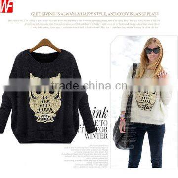 Round Collar Loose Bat Sleeve Owl Pattern Ladies Sweater