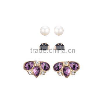 Black Diamante Crystal Acrylic Stone Pearl Purple Water Drop Shape Crystal Flower Stud Earring Set Gift for Girlfriend