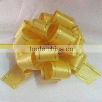 HOT SALE ! 5 inches Yellow Poly Ribbon POM POM Pull Bow with Gold Lines for Present Packaging, Gift Wrap