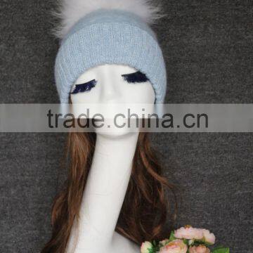 New Products Winter Fashion Large Raccoon Fur Ball On Top Mohair Knit Beanie Hat