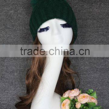 2016 New Arrival Dark green Knitted Hat Wool Feel Strip Knitted Hat With Raccoon Fur Pompoms