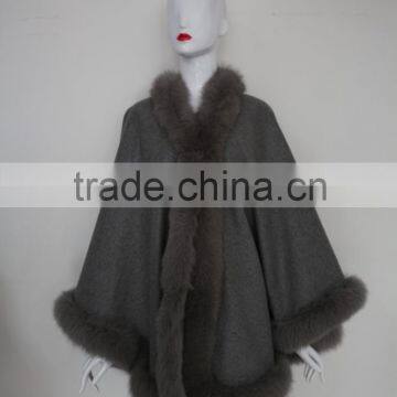 Lady Hot sale grey Color Cashmere Poncho with Fox Fur Trim Cape