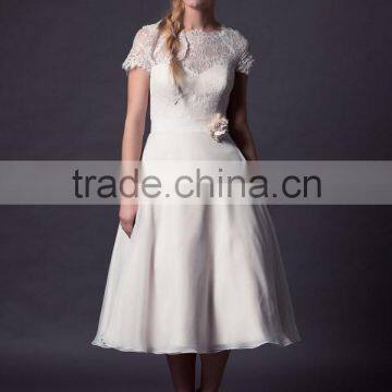 (MY0510) MARRY YOU 2016 Short Wedding Dress Boat Neckline Lace Bodice Chiffon Tea Length Wedding Dresses With Sleeves photo-2