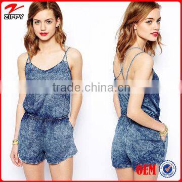 2014 sexy spaghetti strap denim jumpsuit for woman