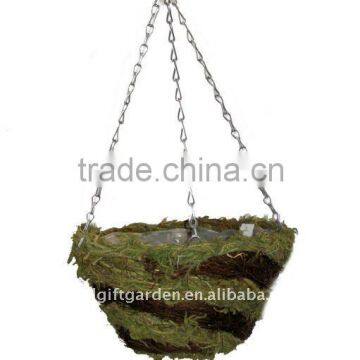 Green Moss and Brushwood flat bottom hanging planter - Moss flower basket -Green Moss flower pot