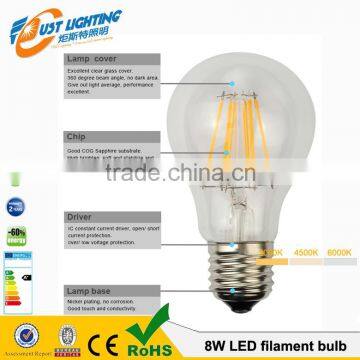 led filament bulb, 8w high brightness led transparent pc bulb, E27 base led bulb