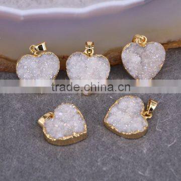 Charm Quartz Druzy Pendant, Heart Pendant, Gold Plated White AB Crystal Drusy Quartz Gemstone Pendant, For Jewelry Making