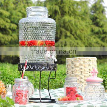 8L water glass beverage dispenser with iron stand and mason jar set