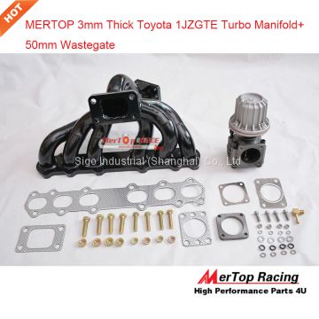 MERTOP RACE 3mm thick Black coated Top mount T3 Turbo Manifold For Toyota Supra 1JZGTE 1JZ JZA70 MK3 1989-1993+50mm Wast