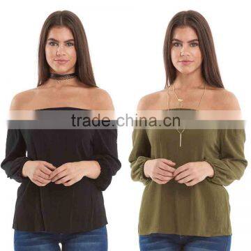 OEM Summer Women Fashion Long Sleeve Plain Dyed Woven Off The Shoulder Tops Scrub Tops