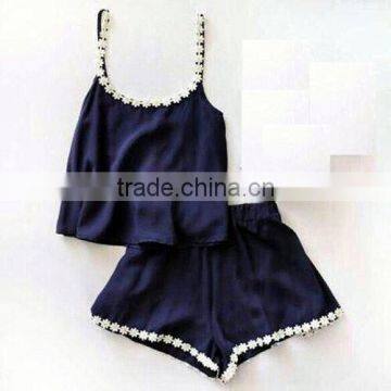 Summer Clothes Women Two Piece Lace Navy Blue Cami Tank Top & Shorts