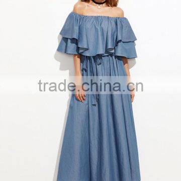 Ladies Ruffled Neck Off The Shoulder Short Sleeve Blue Color Tie Waist Long Maxi Denim Dress photo-2
