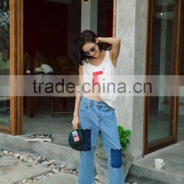 summer trendy exotic knee patches straight jeans fashion design