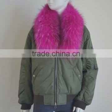 Myfur Customized Polyester MA1 Bomber Jacket with Detachable Dyed Raccoon Fur Collar for Women