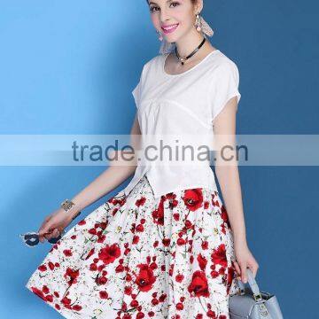 European style O-neck top +elastic waist two pieces printing knee-length dress sets/suits