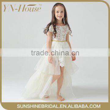 Top Sale High Quality Short Sleeve Ivory Flower Girl Dress With Tail For Girls