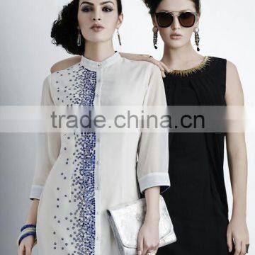 White and Black color with silver blue beads work tip to bottom and zari design neck Vogue Designer Kurtis
