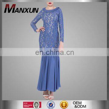 Modern Lace Two Pieces Long Sleeves Blue Dress Women Baju Kurng Muslim Ladies Clothing