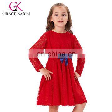 Grace Karin Children Kids Girls Round Neck Bow-Knot Decorated Long Sleeve Red Lace Dress CL010402-1