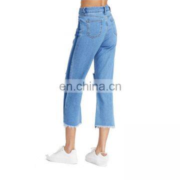 Cut Out Frayed Hem Ankle Jeans Fashion Demin Pants For Women photo-3
