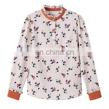 Fashion Floral Print Pullover Shirts Frill Hem Collar Cuff Contrast Color Women Blouses photo-3