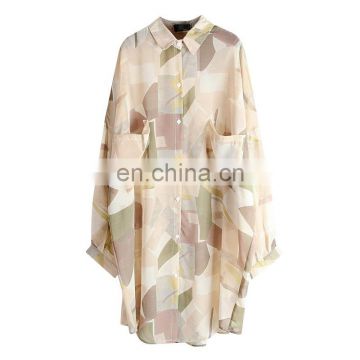 TWOTWINSTYLE Print Hit Color Shirt Women Lapel Collar Long Sleeve Pockets Free Size Asymmetric Summer Blouse