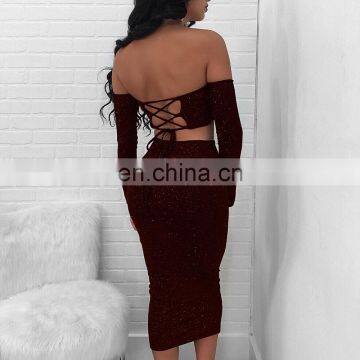 Shiny Party Sexy Dress Women Hollow Out Strapless Tie-up Fashion Dress Fashion Long Sleeve Pleated Dresses Slim Set photo-2
