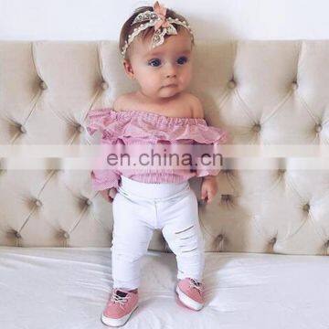 2019 Striped Print Girls Long Flare Sleeve Romper Tops & Baby White Hole Pants Outfits 2pcs Set Free Ship photo-2